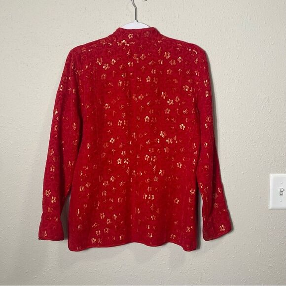 Chicos Red &Gold Tone Mandarin Brocade Floral Blazer/Jacket Women's Size 1/Small - Picture 6 of 16